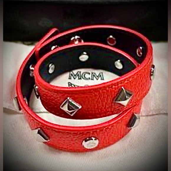 MCM Rockstar Dual Choker Necklace & Double Wrap Bracelet Red Leather Double Snap - Picture 14 of 14